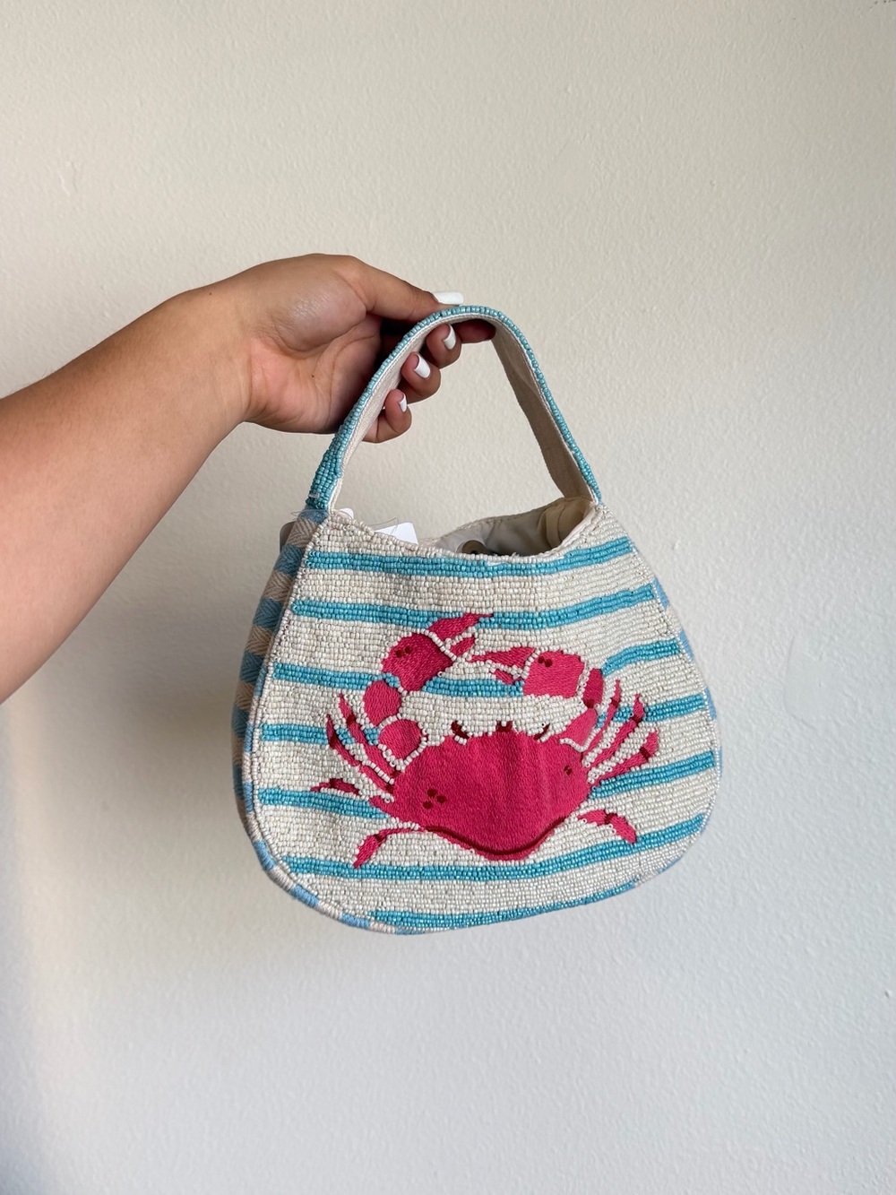 Viral beaded bag! Blue stripes red crab detail